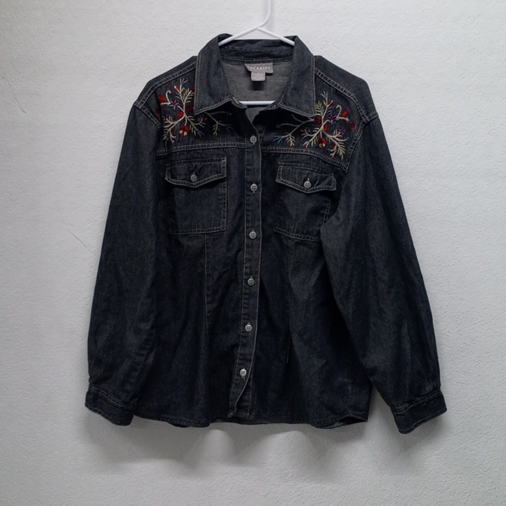 Capacity Black Denim Floral Embroidered Button Down Long Sleeve